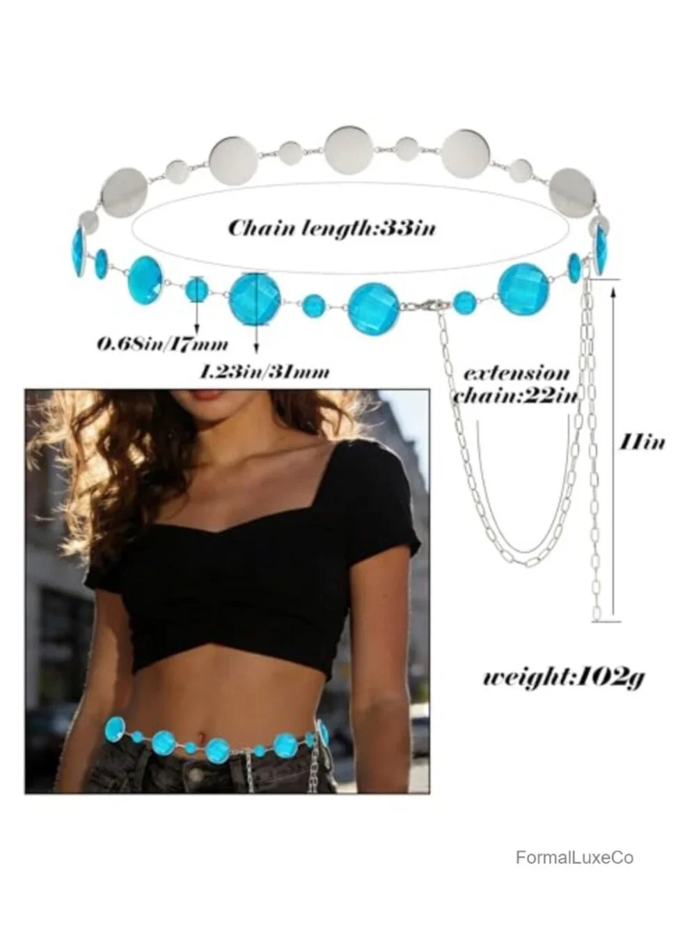 Women's Crystal Chain Waist Belt Adjustable Silver & Blue Western Cowgirl Bridal